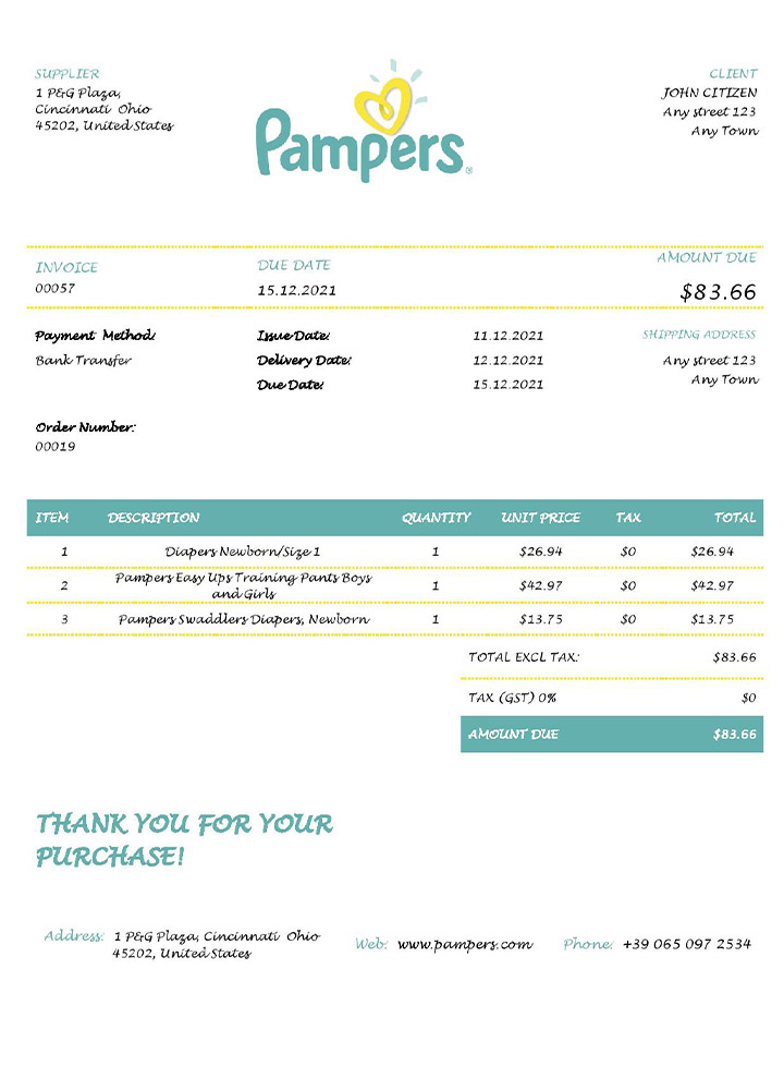 USA Pampers invoice PSD template